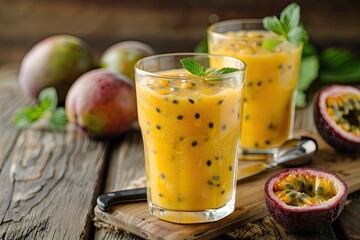 Wall Mural - A freshly made passion fruit shake, or smoothie, in glasses on a wooden table. Passion fruits, a knife, a cutting board, and an ice cream scoop are in the background. Passion fruit shakes are common i