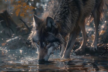 Wall Mural - a wolf was drinking water in the river