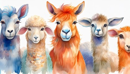 Wall Mural - Set of watercolor cartoon farm animals - fluffy alpaca, goat, horse, ram, sheep and cow isolated on white background. cartoons. Illustrations