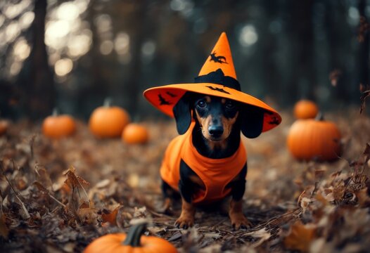ready bats hat witch halloween pumpkins night grove with dachshund