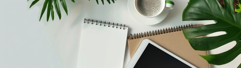 Wall Mural - Neat Workspace Essentials: Modern Home Office Desk with Notebook, Tablet, Coffee Cup & Plant Top View for Productivity, Copy Space