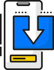 Leinwandbilder - Mobile software update downloading color thin line icon. Smartphone driver or software update, phone application service or maintenance thin line vector pictogram with smartphone and download arrow