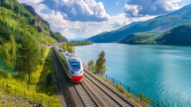 Eco-friendly high-speed train traveling through picturesque landscape with river and forest. Promoting sustainable travel and nature-friendly transportation solutions.

