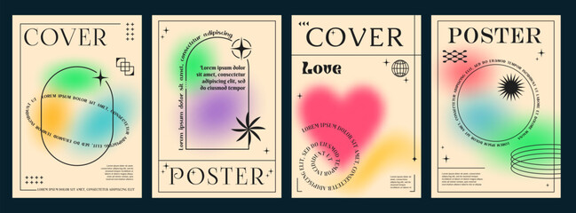 Wall Mural - abstract aesthetic y2k gradient posters with vector line frames and blur shapes. modern graphic plan