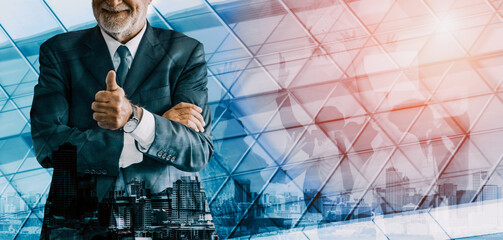 Wall Mural - double exposure image of success business people on abstract modern city background. future business