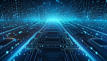  An abstract depiction of a circuit board with binary code running through it. 