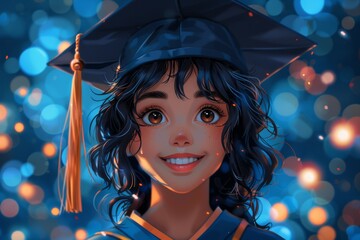 Joyful female graduate at graduation ceremony. Smiling girl in graduation cap with festive bokeh effect, cartoon illustration