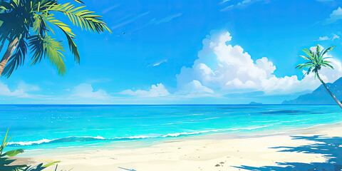 Beach paradise tropical sands and sea background banner anime cartoon style, generated ai