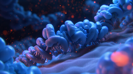 Wall Mural - A 3D rendered of ribosomes synthesizing a polypeptide chain, focusing on the translation process