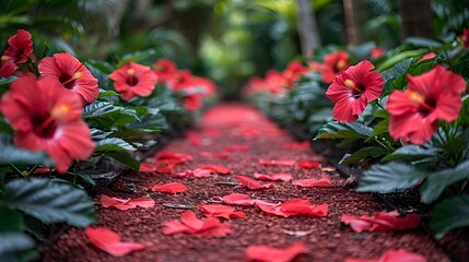 Wall Mural - A garden path lined with red hibiscus flowers, creating a vibrant and inviting walkway. List of Art Media Photograph inspired by Spring magazine