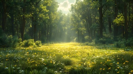 Wall Mural - a clearing in a pine forest, with tall trees forming a natural frame around a lush green meadow bath