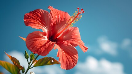 Wall Mural - A beautiful red hibiscus flower set against a bright blue sky, creating a striking contrast that emphasizes its vivid color. List of Art Media Photograph inspired by Spring magazine