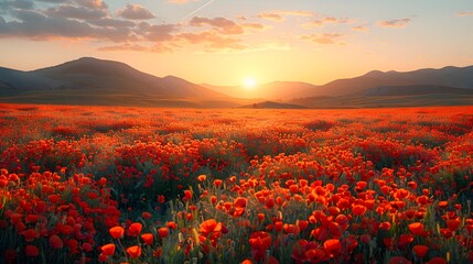 Wall Mural - A picturesque poppy field stretching to the horizon, with a backdrop of rolling hills and a clear sky, creating a serene and idyllic scene. List of Art Media Photograph inspired by Spring magazine