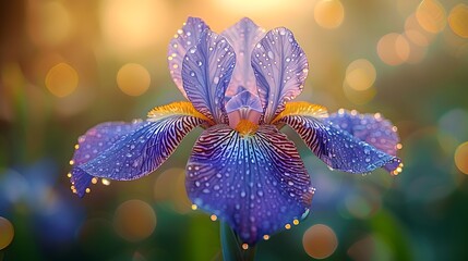 Wall Mural - A single purple iris flower standing tall among a sea of green foliage, its intricate patterns and vibrant color showcased against a blurred background. List of Art Media Photograph inspired by