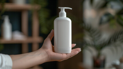 Wall Mural - a person's hand holding an empty white liquid soap bottle, Ai Generated Images