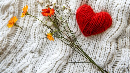 Wall Mural - Red heart and flowers on a white knitted background