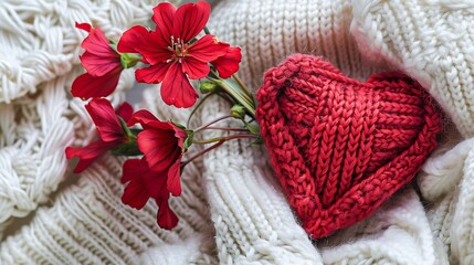 Wall Mural - Red heart and flowers on a white knitted background