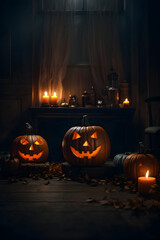 Wall Mural - Halloween glowing pumpkins, dark and moody black theme, creepy and macabre halloween scary pumpkin