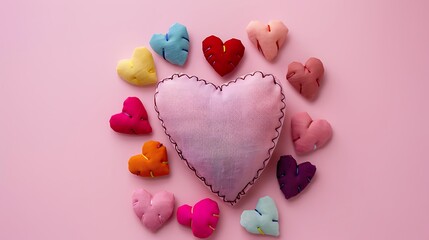 Romantic still life with hand sewn textile pink heart and nested colorful hearts shapes on pink