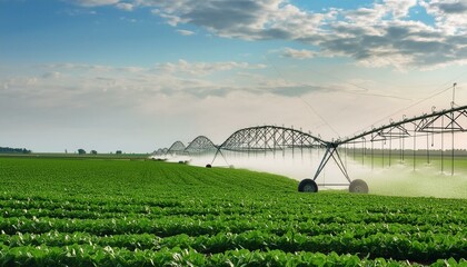 landscape with the river, field in the summer, irrigation system in the field, system in the field, 