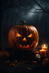 Wall Mural - Halloween glowing pumpkins, dark and moody black theme, creepy and macabre halloween scary pumpkin