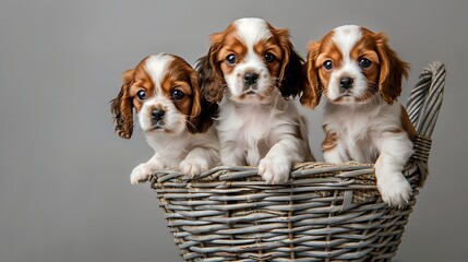 Wall Mural - Three Cavalier King Charles Spaniel puppy standing in basket on gray background