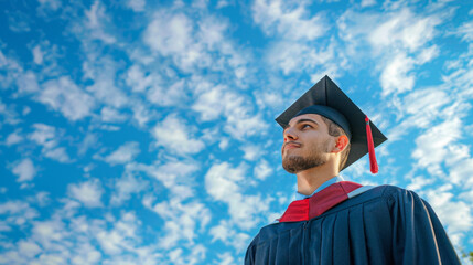 Wall Mural - Optimistic young male graduate looking up at a bright blue sky