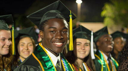 Smiling graduates in caps and gowns at a nighttime ceremony, radiating pride and joy