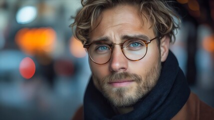 Poster - A man with glasses and scarf looking at the camera.