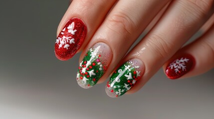 Wall Mural - Hand with festive red and green Christmas-themed manicure featuring snowflake designs. Close-up studio photography. Holiday and winter season concept for design and print.