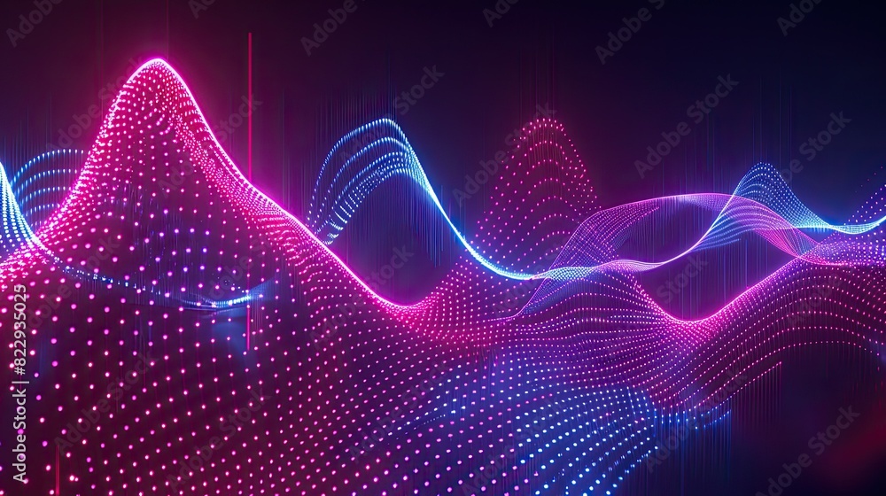 Glowing neon light waves pulsating against a dark background ...