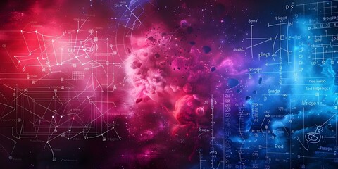 Wall Mural - Educational spacethemed background with mathematical and physical formulas for science learning. Concept Space-themed Backgrounds, Educational Materials, Math Formulas, Physical Laws