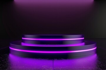 Sticker - 3D rendering of a purple glowing neon light Podium on a black background with a floor reflection