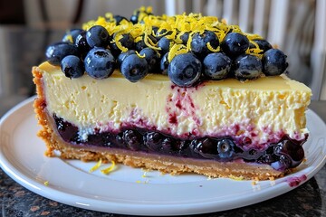 Canvas Print - a homemade slice of a lemon blueberry cheesecake.