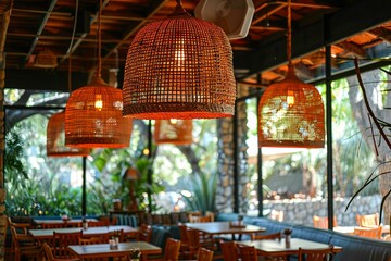 Poster - a restaurant with tables and chairs and wicker lamps hanging from the ceiling