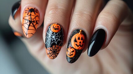 Wall Mural - Hand with black and orange Halloween-themed manicure featuring spider web designs. Close-up studio photography. Holiday and festive concept for design and print.