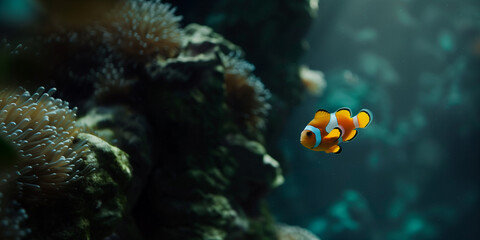 Wall Mural - the clownfish swimming underwater, clear ocean water seabed, copy space for text