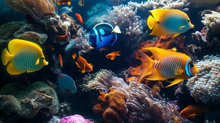 A colorful array of tropical fish darting among vibrant coral reefs in a pristine underwater paradise. 32k, full ultra HD, high resolution