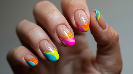 Wall Mural - Hand with colorful rainbow-themed manicure. Close-up studio photography. Beauty and personal care concept for design and print.