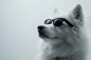 Canvas Print - White background, real photo style, a dog wearing sunglasses. Cool Samoyed.