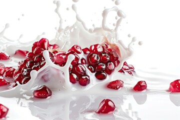 Wall Mural - Milk splash with pomegranate seeds isolated on a white background