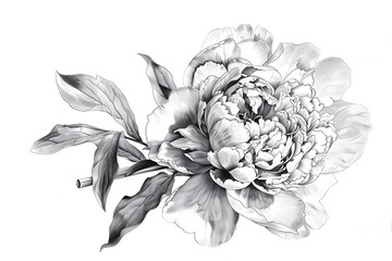 Wall Mural - Black-and-White Line, Drawing of a Peony Flower. Beautiful Hand Drawn Rose Isolated on a White Background.