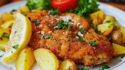 Wall Mural - Delicious breaded schnitzel with herbs, served with potatoes and mixed vegetables