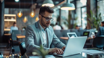 Sticker - A man in a suit is typing on a laptop in a busy office