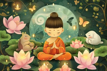 Wall Mural - Illustration of young Buddhist praying for Vesak Day Greeting card , Vesak Day Background Wallpaper