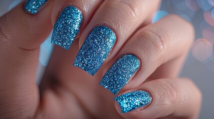 Wall Mural - Hand with blue glitter manicure. Close-up studio photography. Beauty and personal care concept for design and print.