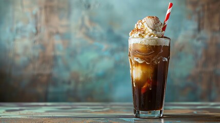 A vintage-style photograph of a root beer float. A tall glass filled with creamy vanilla ice cream, creating a foamy head. A red and white striped straw rests on the rim of the glass