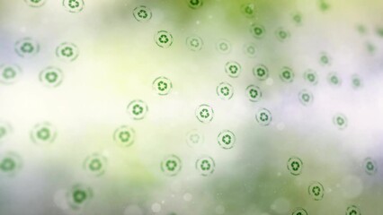 Canvas Print - loop recycle symbols animation on bright blurred background. concept ecology animation.