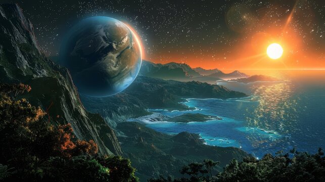 An Earthlike exoplanet with blue oceans and green continents, orbiting a red dwarf star,