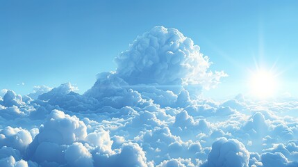 Wall Mural - Bright blue sky with fluffy white clouds and a shining sun